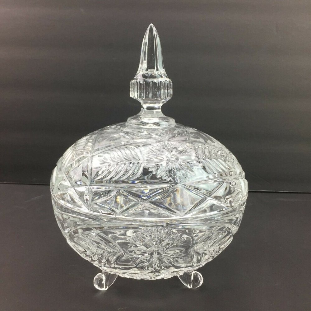 Clear Crystal Cut Glass Compote Footed Candy Dish Lid Decoration Flower Design